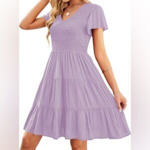 Lavender tiered Casual Short Flutter Sleeve V Neck Smocked Ruffle summer dress M